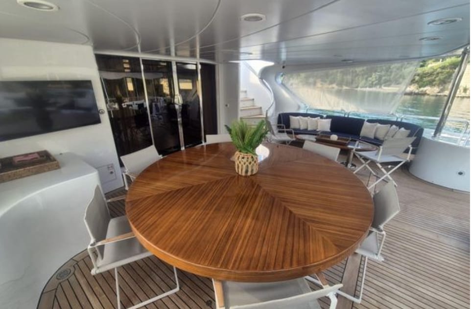 The bridge deck dining table, looking forward