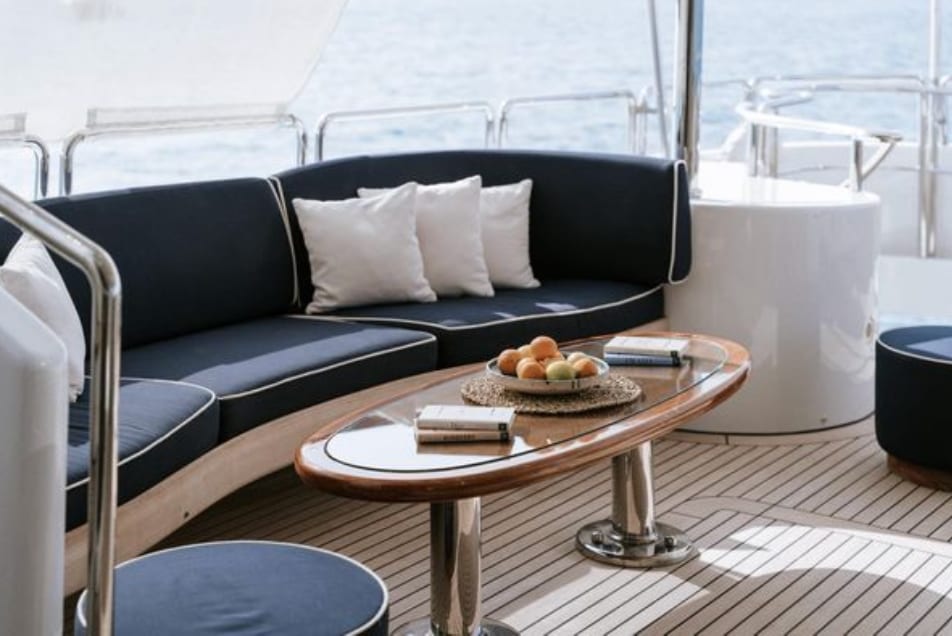 Sheltered banquette seating on the bridge deck