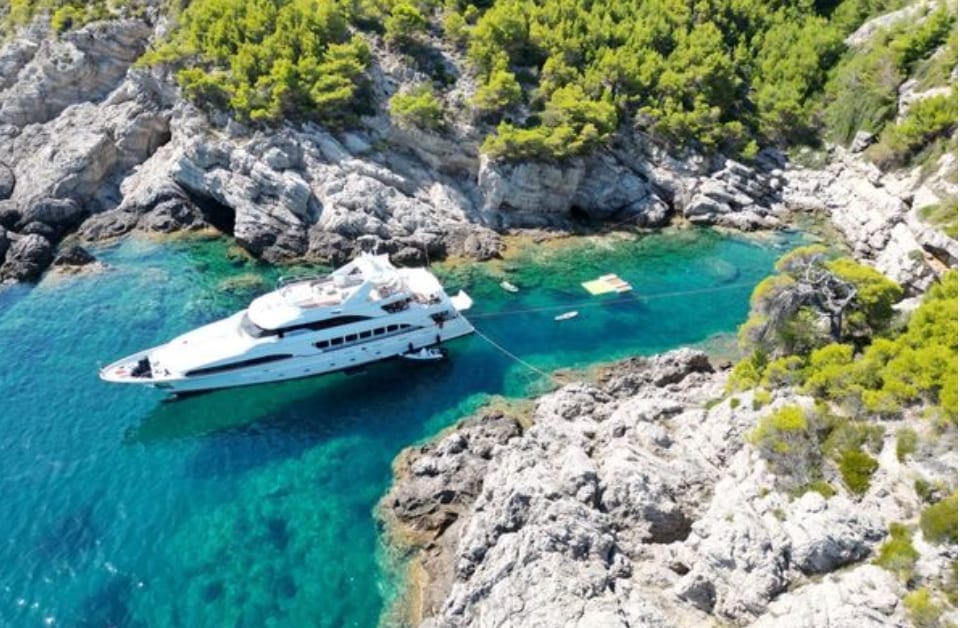 M/Y Friendship stern-to with lines ashore in a cala