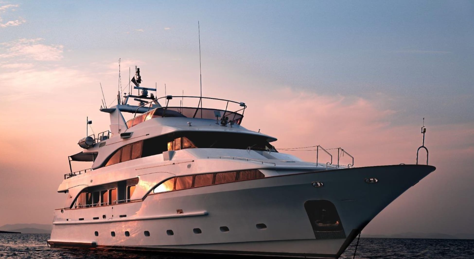 M/Y Friendship at anchor at sunset