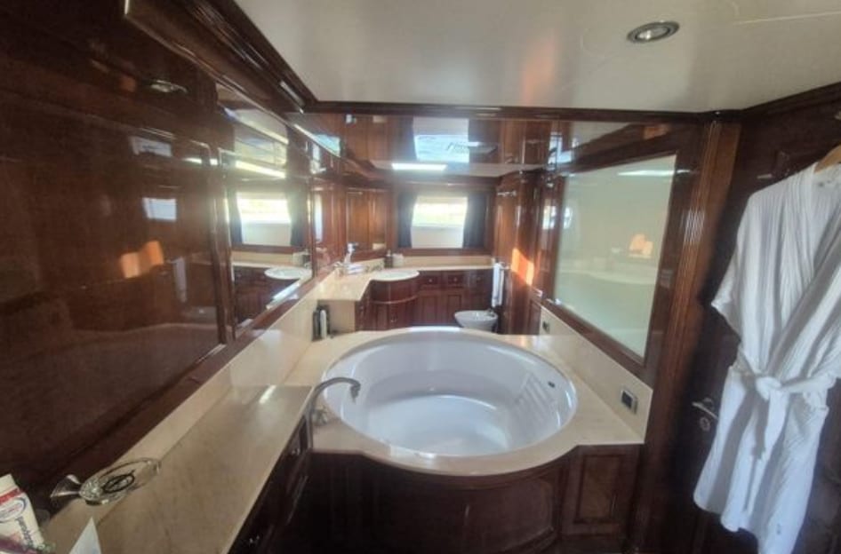 The master bathroom, with corner bath