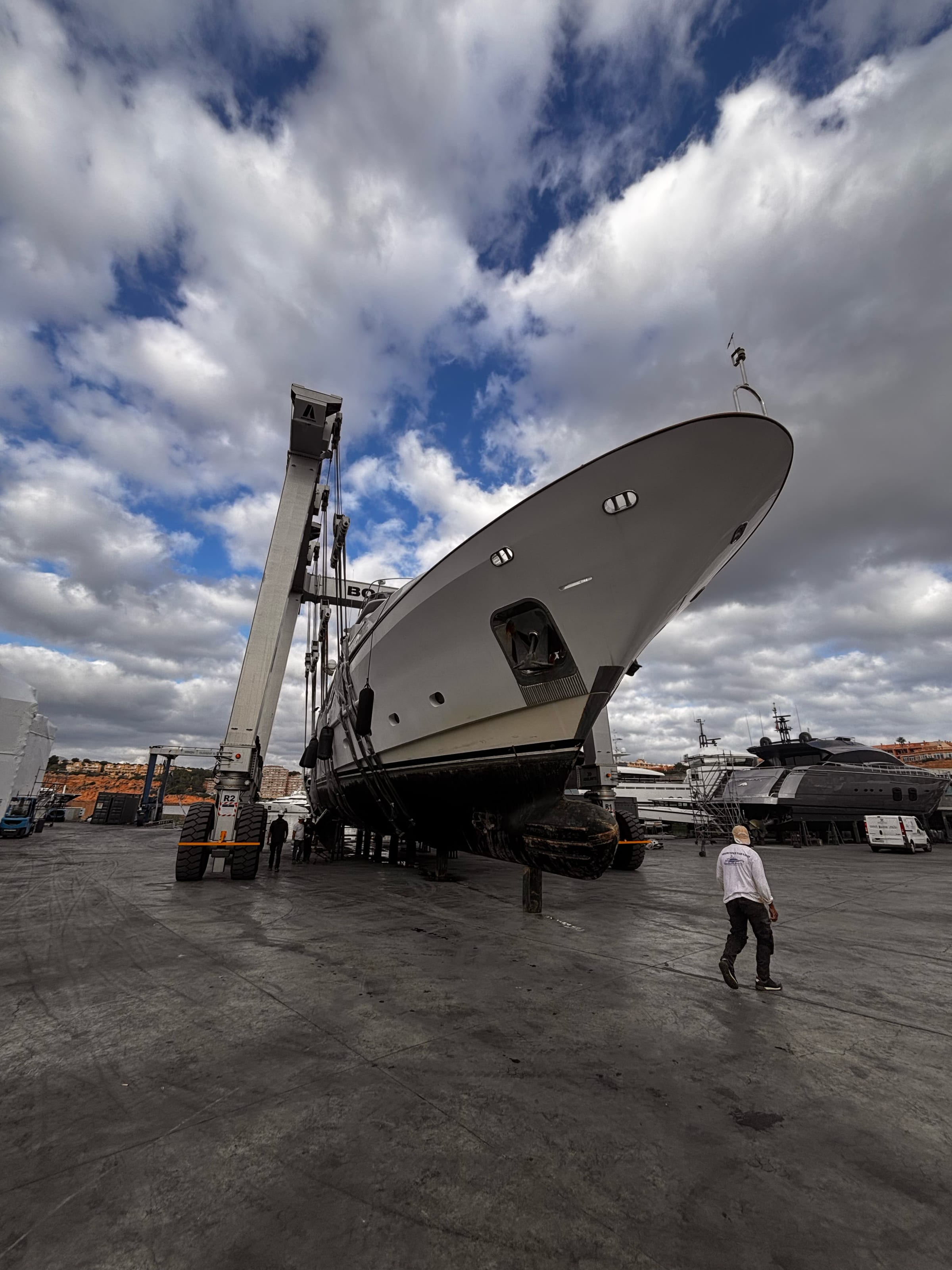 M/Y Friendship hauled out at the yard during the 2026 refit, seen from the bow