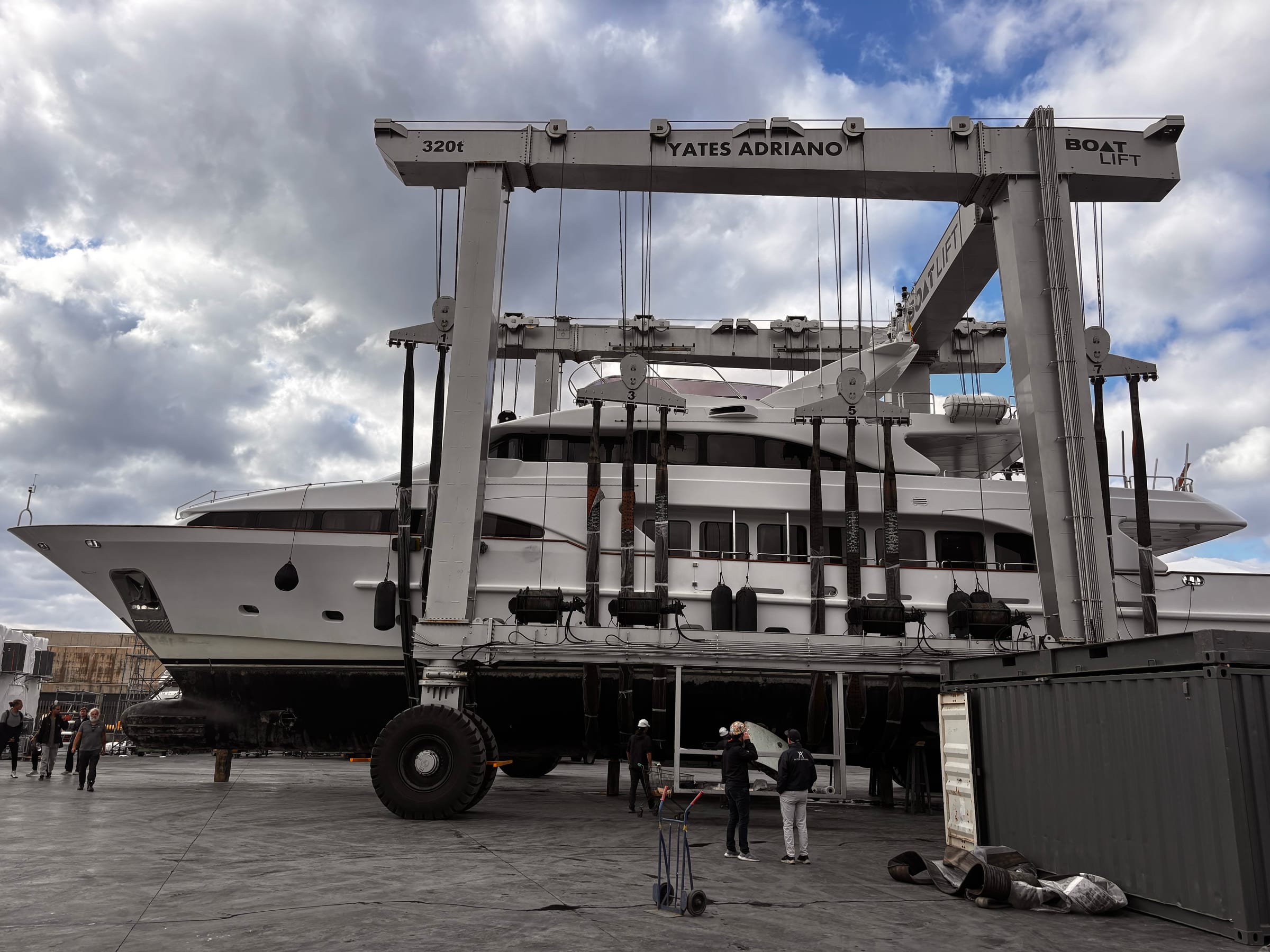 M/Y Friendship in the travel lift at the yard during the 2026 refit