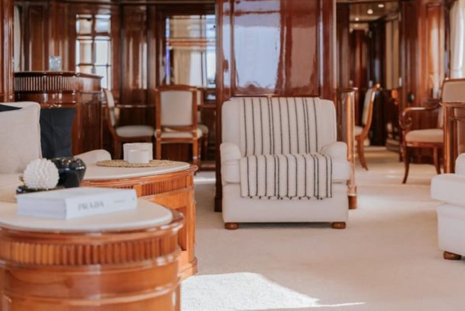 The main saloon, with its Zuretti panelling and seating